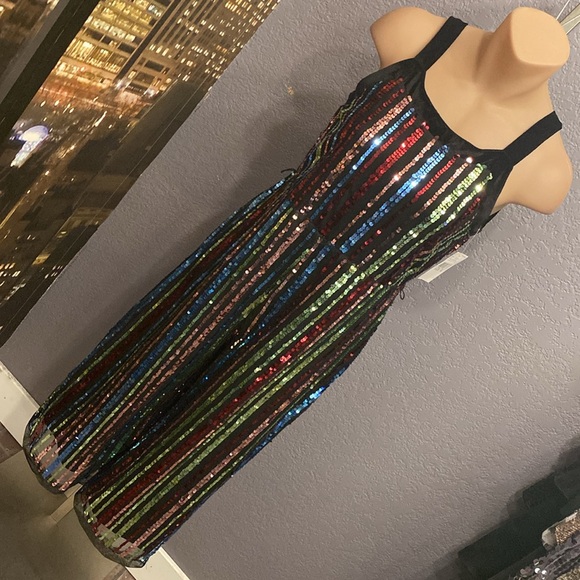 KNIT WORKS - NWT - jumpsuit: black lined mesh w 🌈 sequins & velvet straps - 16 - Picture 16 of 16
